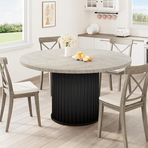 Image of Garvee 47" Round Dining Table for 4-6 People, Wooden Kitchen Table with Sturdy Waveform Metal Pedestal Base, Industrial Circle Dinner Table Easy Assembly for Home, Dining Room, Apartment, Gray