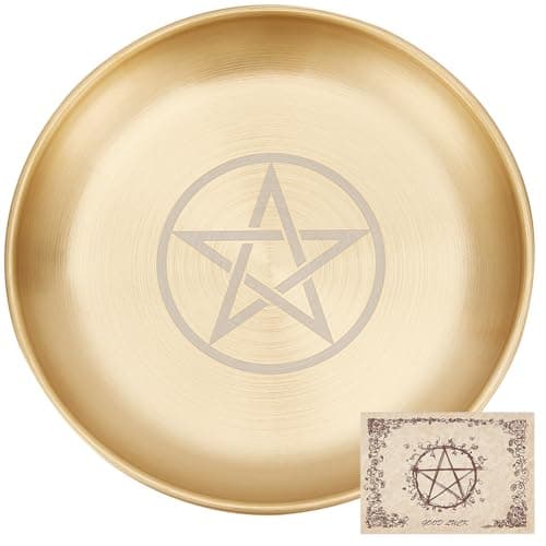 Image of CREATCABIN Pentagram Altar Star Tarot Plate Ritual Burning Candle Holder Bowls Offering Incense Burning Flat Bowl With Altar Card Tarot Supplies for Witchcraft Wiccan Golden 5.55 Inch