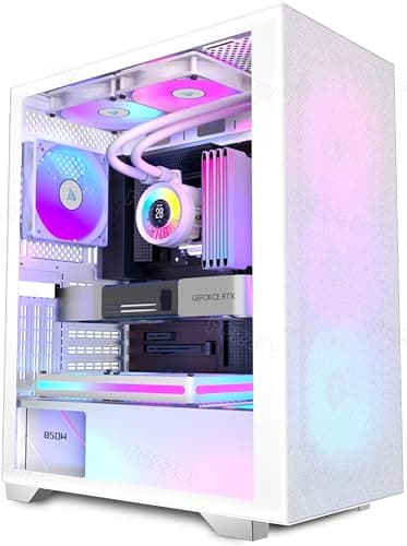 Image of PCZZOI PC CASE ATX 6 Case Fans Pre-Installed, Mid Tower Computer Case with Tempered Glass, Support 360mm Radiator,Black Gaming Desktop Case (H05) White
