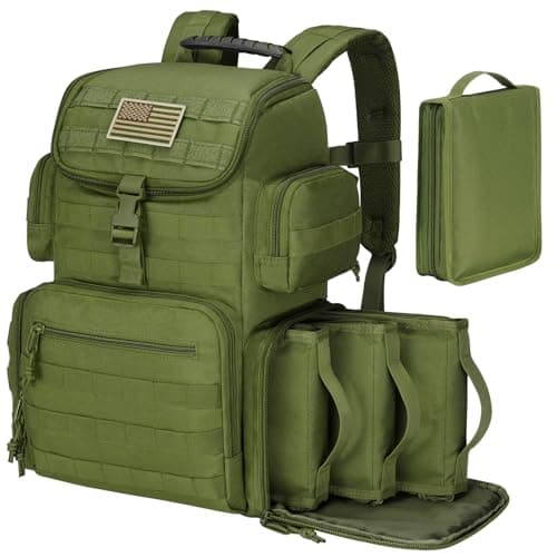 Image of CVLIFE Tactical Range Backpack with Removable Divider, Gun Cases Bag with 4 Pistol Carrying Cases, Rucksack for Shooting, Army Green, M, Tactical
