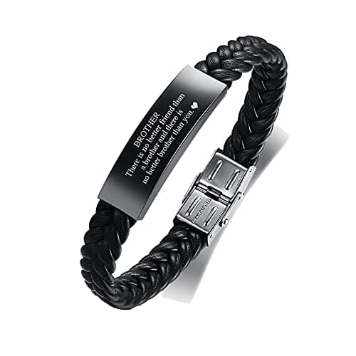 Image of FLHEART To My Brother Gift Bracelet Inspirational Message Engraved Stainless Steel With Braided Leather Bracelet For Mens There Is No Better Brother Than You Engraved Adjustable