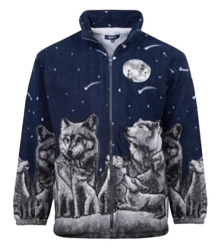 Image of U.S Trading Warm Winter Cosy Outdoor Fleece Wolf Print Jacket (UK, Alpha, L, Regular, Regular, Dark Navy No Hood)