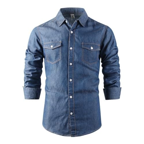 Image of Tianerhay Men's Denim Shirt Cotton Blend Lightweight Western Cowboy Shirt Long Sleeve Casual Work Shirts 1 Blue2XL