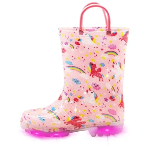 Image of EUXTERPA Girls Kids Wellies Light Up Falshing Glitter Child Wellies with Handle for Baby Toddler Child Litter Kids Size 10 UK Child