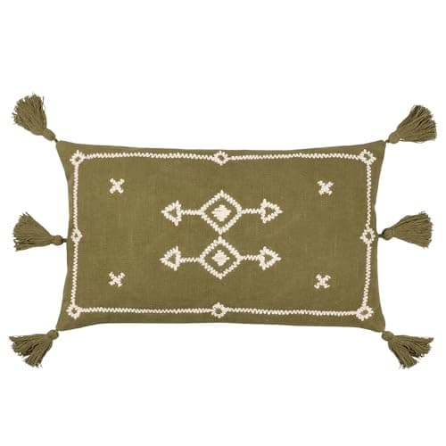 Image of Yard Furn Folis Embroidered Cushion – Global Geometric Embroidered Cotton Tasselled Edges Hidden Zip Polyester Filled (Khaki – 50 x 50 cm)