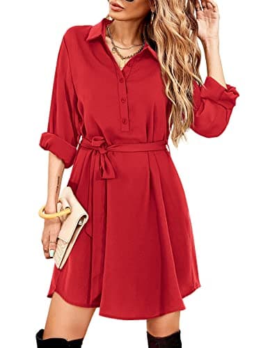 Image of Beluring Ladies Long Sleeve Dress Button Up Shirt Dresses with Pocket Red Size 12 14
