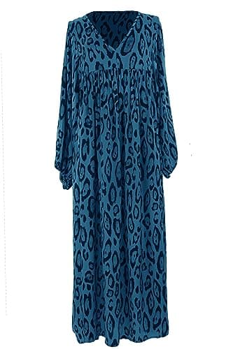 Image of TEXTURE Ladies Womens Italian Lagenlook Leopard Print Long Sleeve V Neck Satin Midi Maxi Dress One Size (One Size, Teal)
