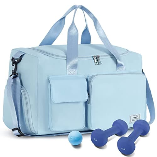 Image of FIORETTO Womens Mens Sports Gym Bag Duffle Bag with Shoes Compartment, Weekend Travel Bag Overnight Bag for Women, Water Resistant Holdall Hospital Bag for Swimming Blue