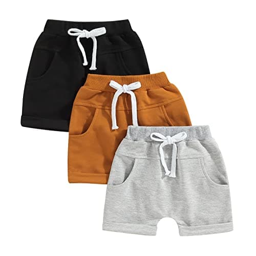 Image of 3 Pack Newborn Baby Unisex Shorts - Toddler Boy Drawstring Jogger Shorts With Pockets - Solid Color Drawstring Pants Baby Summer Clothes (Black Brown Grey, 2-3 Years)