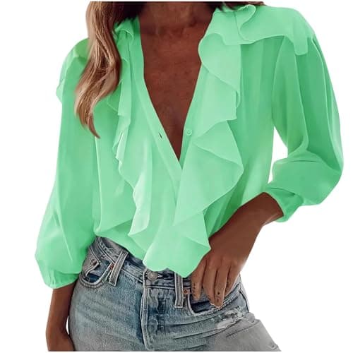 Image of Long Sleeve Chiffon Blouses for Women UK Ruffle V Neck Button Down Shirts Elegant Party Dressy Tops Solid Casual Office Tunic Shirts Puff Sleeve Holiday Vacation01 Mint Green XL
