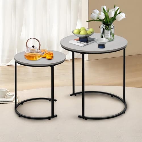 Image of Alivio Set of 2 Round Coffee Table, Modern Nesting Tables with Wooden Top (Pack of 2, Grey)