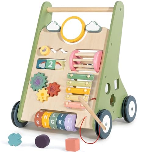Image of LOL-FUN Wooden Baby Walker 1 2 Year Old Boys Girls, Toddler Push Along Walkers Toy, Learning Activity Center Age 12 Months Gift