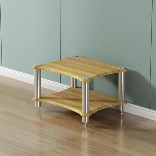 Image of Oak Audio Rack Tower 2-Tier Stereo Record Player Stand Media Storage Shelf for Home AV Equipment Rounded Corner Design Stylish Furniture for Living Room