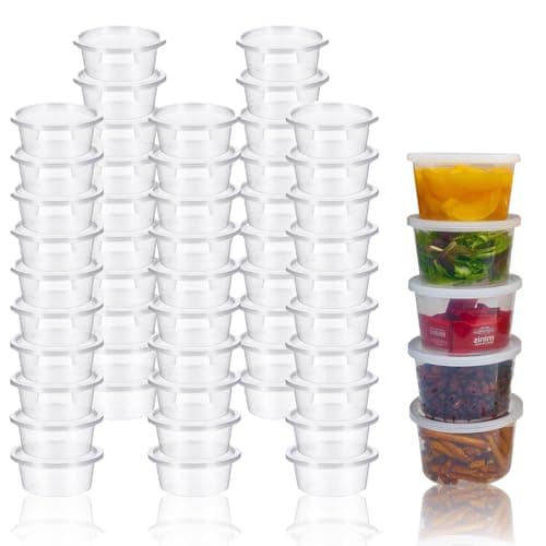Image of 50 Packs Round Container, Sauces Cups Stackable Food Small Containers with Lids, Clear Round Leakproof Plastic Takeaway Sauce Pots for Small Dips Chutney Ketchup Salads (4oz-100 ml)