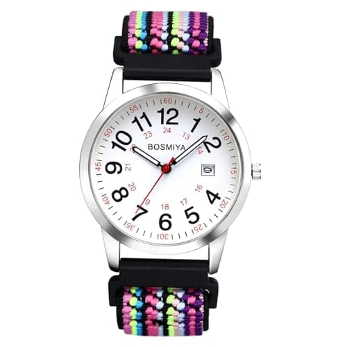 Image of JewelryWe Unisex Braided Elastic Watch: 24-Hour Format Easy-to-Read Calendar Dial Quartz Wristwatch Colorful Strap with Silver Case
