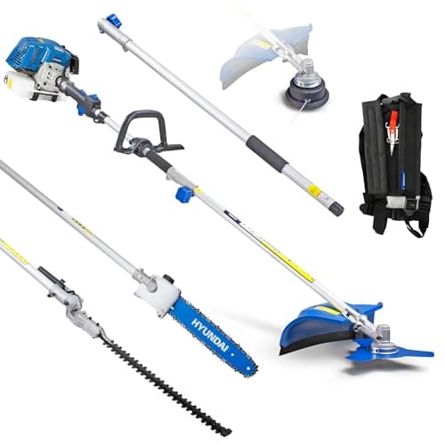 Image of Hyundai 52cc Long Reach 5-in-1 Petrol Garden Multi Tool with 430mm Grass Trimmer, 425mm Hedge Trimmer, 10" Pole Chainsaw, Brushcutter with 800mm extension shaft