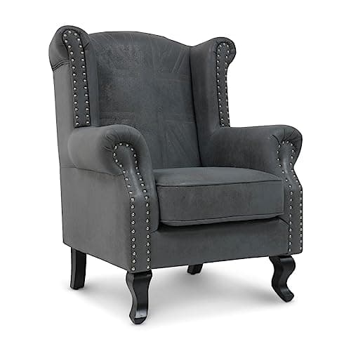 Image of Fireside Chair Union Jack Flag Chesterfield Wingback – Stunning Grey Faux Leather Armchair with High Back, Queen Anne Design & Microsuede Finish – Elegant Wingback Armchair for Living Room, Bedroom or