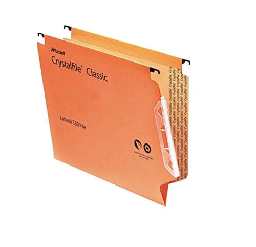 Image of Rexel 330 Lateral Hanging Files with Tabs and Inserts, 15 mm V-base, 100 Percent Recycled Manilla, Orange, Crystalfile Classic, Pack of 50, 70671
