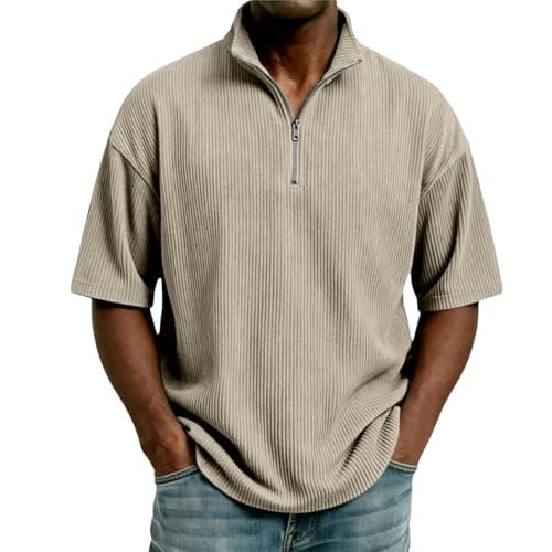 Image of Mens Short Sleeve Casual Polo Shirts 1/4 Zip Stand Collar Golf Tshirt Big Tall Fashion Textured Loose Fit Summer Tops Cotton Moisture Wicking Gym Workout Active Pullover Tees Fishing Top Streetwear