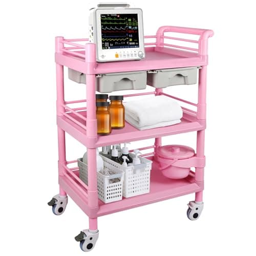 Image of EBANKU Mobile Medical Carts 3 Tier Professional Utility Cart with 2 Drawers & 1 Trash Cans, Beauty Salon Rolling Trolley with 4 Silent Wheels for Hospital Dental Clinic Lab, Pink