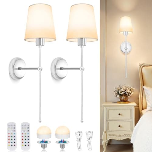 Image of Dehobo Battery-Operated Wall Sconces, Rechargeable LED Wall Lights Set of 2, Dimmable Wireless Lamp with 3 Color Temperature, 12 RGB and Remote for Bedroom Living Room Hallway - Silver