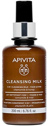 Image of Apivita 3 in 1 milky cleanser for face and eyes, suitable for all skin types, cleanses impuriyies/make up & tones with German Chamomile & Honey