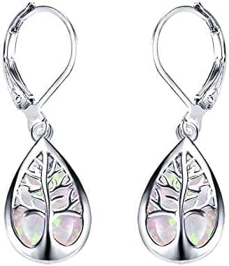Image of 925 Sterling Silver Jewelry Exquisite Water Drop Blue White Fire Opal Life Tree Dangle Earrings For Women