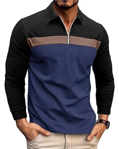 Image of Ryehack Men's 1/4 Zip Polo Shirt Long Sleeve, Raglan & Contrast Color - Casual & Golf T-Shirt, Black+Blue, XL