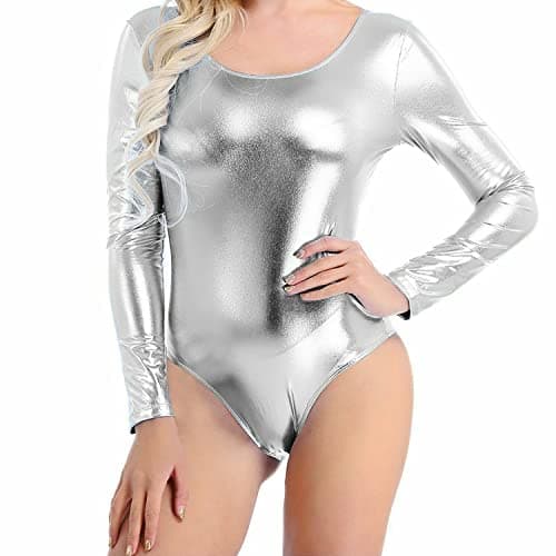 Image of Prime fashions – Women’s Long Sleeve Leotard PVC Leather/Wet Look - Shiny Metallic Bodysuit (Silver, S-M)