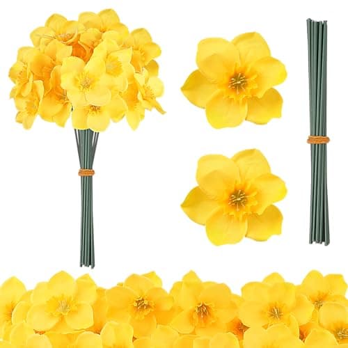 Image of 20 Set Yellow Artificial Daffodils Silk Fake Narcissus Flowers with Branch Wales Welsh St David's Day Decorations for Bouquet Corsages Home Kitchen Wedding Decor DIY Flower Arrangements (20, Yellow)