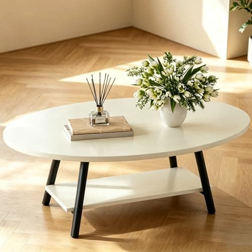 Image of Hawthyhome Side Table 2-Tier Coffee Table with Storage Shelf, Modern Wood Accent Side Table with Sturdy Metal Frame, Industrial Sofa Table for Living Room Bedroom Office, Oval, 90*60*43cm, Lvory White