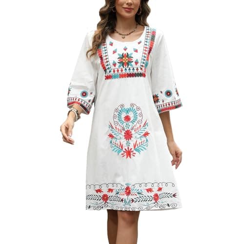 Image of Seasonal Women's Bohemian Embroidered Dress Hippy Vintage Floral 3/4 Sleeve Round Neck Mexican Fancy Dress(789,White-XXL)