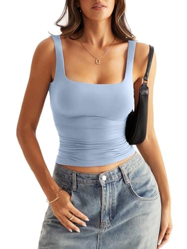 Image of Eachyes Womens Square Neck Double Lined Tank Tops Low Back Fitted Sleeveless Shirts Summer Going Out Clothes, Light Blue, S
