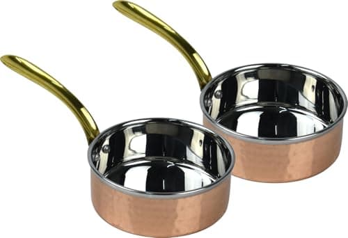 Image of Saucepan Set 2 Pieces Copper & Stainless Steel with Hammered Brass Handles Traditional & Stylish for Modern Cooking & Serving (2X 11cm - 300ml)