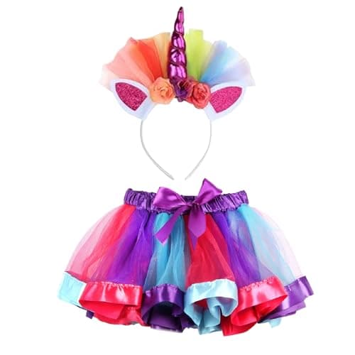 Image of GWAWG Rainbow Unicorn Tutu Skirt for Girls with Unicorn Headband,Outfits for Kids Princess Dress Up Ballet Dance Skirt Set Christmas Halloween Costume (UK, Age, 12 Years, Plus, Rainbow)