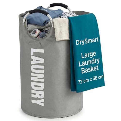 Image of DrySmart 82L Large Collapsible Laundry Basket with Padded Handles, Foldable Washing Basket & Freestanding Tall Laundry Hamper, Clothes Hamper for Kids, Home & Bathroom (Grey)