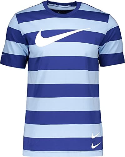 Image of NIKE Men's Nsw Swoosh Stripe T Shirt, Psychic Blue/Deep Royal Blue/W, L UK