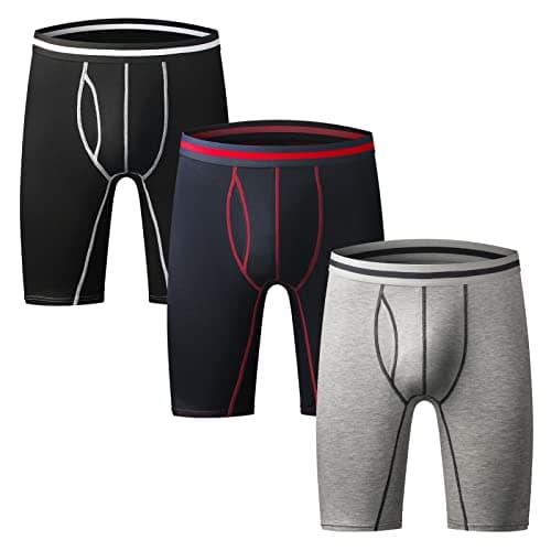 Image of Nuofengkudu Mens Long Leg Boxers Shorts Anti Chafing Stretch Cotton Underpants Longer Legged Trunks Briefs with Fly Pouch Waistband Breathable Soft Sports Underwear 3 Pack Black Grey Blue XL