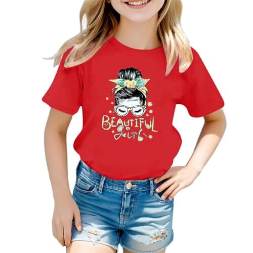 Image of Cute Graphic Print Cotton T-Shirt - Girls' Lightweight Soft Top - Round Neck Short Sleeve Tee - Summer Casual Shirt - School & Christmas Tee - Age 3-12 (04-Red, 3-4 Years)
