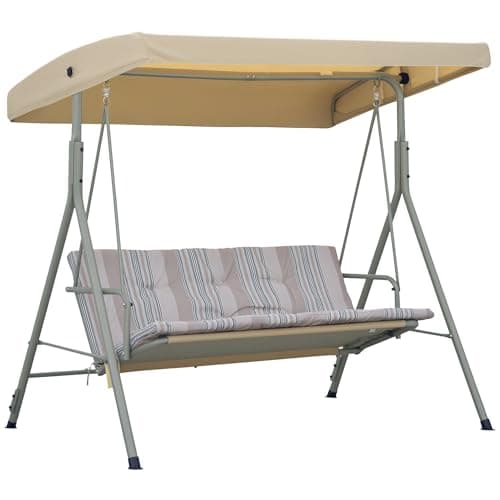 Image of Outsunny 3 Seater Garden Swing Chair Patio Swing Bench with Tilting Canopy, Removable Cushion, Light Brown Top, Brown