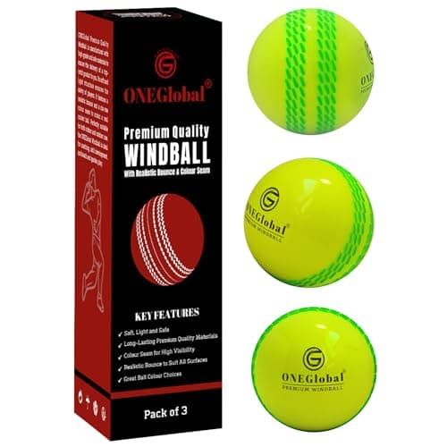 Image of ONEGlobal Premium Windball Soft Cricket Ball | Durable & Safe, Colour Seam, True Bounce & Swing | Wind Ball for Outdoor & Indoor Practice, Coaching, Garden & Beach Games (3-Fluoro Yellow)