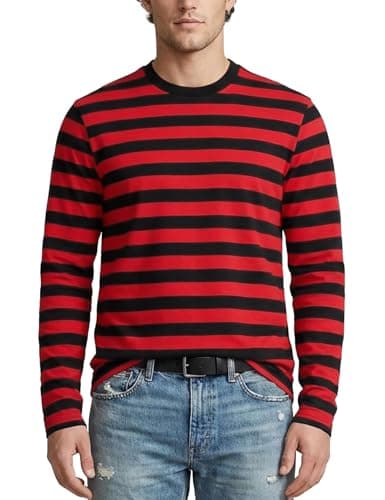 Image of Mens Striped Long Sleeve T Shirt(XL,Black&Red Wide)