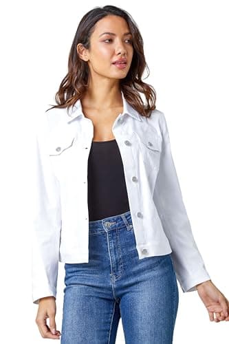 Image of Roman Originals Stretch Jacket for Women UK - Ladies Denim Jean Summer Coat Bengaline Casual Smart Utility Trucker Biker Fitted Classic Work Spring Soft Vintage - White - Size 18