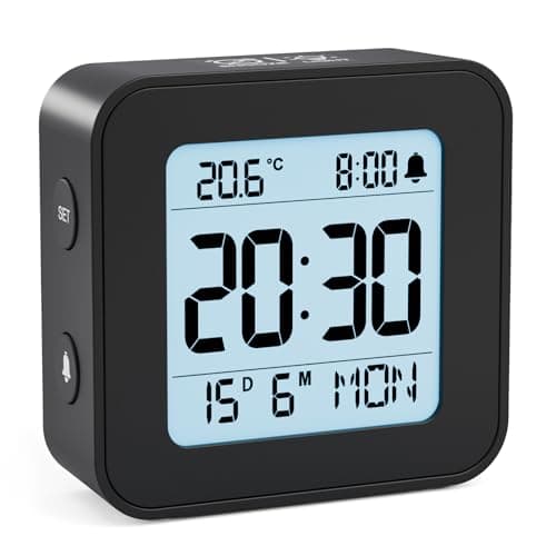 Image of LATEC Alarm Clock Bedside Battery Powered LCD Digital Clock with Date & Day, Snooze, Temperature, 12/24H, Backlight, 3 Volumes, Silent Travel Small Clock for Heavy Sleepers Included Battery Black