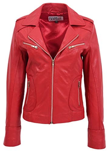 Image of Womens Real Leather Biker Jacket Zipped Casual Style Kim (14, Red)