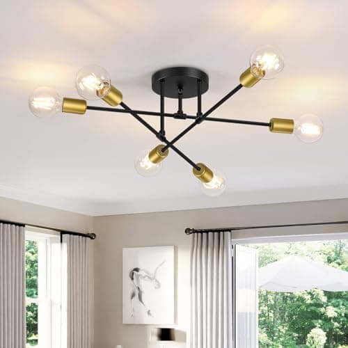 Image of Gbood Modern Semi Flush Mount Ceiling Light, 6-Lights Sputnik Chandelier for Bedroom Lighting, Industrial Kitchen Light Fixture Ceiling Mount for Dining Room Hallway Living Room(Black with Gold)