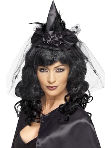 Image of Smiffys Witch Hat Mini, Black on Headband, Halloween Fancy Dress Accessory, Witch Dress Up Hats Halloween