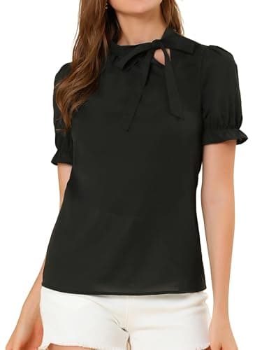 Image of Allegra K Women's Bow Tie Neck Tops Elegant Office Short Sleeve Blouse Black 16