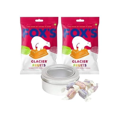 Image of Foxes Glacier Fruits Bags 2 x 200g Mixed-Fruit Flavoured Boiled Sweets Bundle with TinTastic Refillable On-The-Go Silver Tin