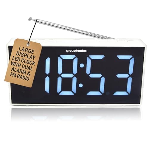 Image of Grouptronics Large Digital Alarm Clock Radio - Mains Powered, 9" Large Display Clock, Bedside or Kitchen, Non Ticking, Dual Alarm, Brightness Control, Battery Back-Up - White